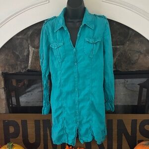 Calypso Christiane Celle Teal Button-Up Shirt Dress size M